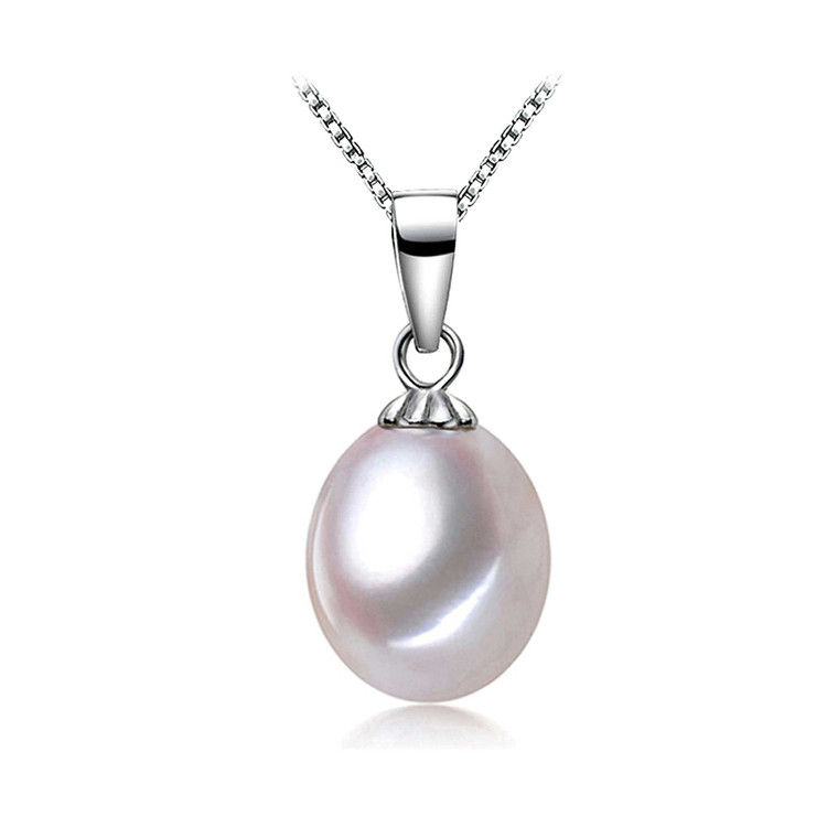 Round White Freshwater Pearl Solitaire Pendant Necklace in 0.925 White Sterling Silver With Chain (MDS210020)