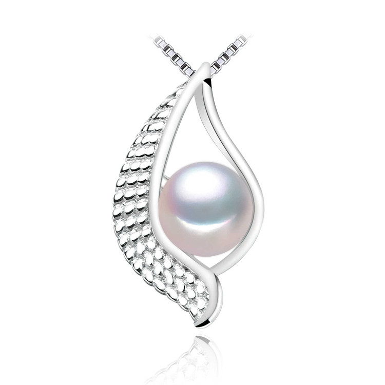 Round White Freshwater Pearl Leaf Nature Pendant Necklace in 0.925 White Sterling Silver With Chain (MDS210021)