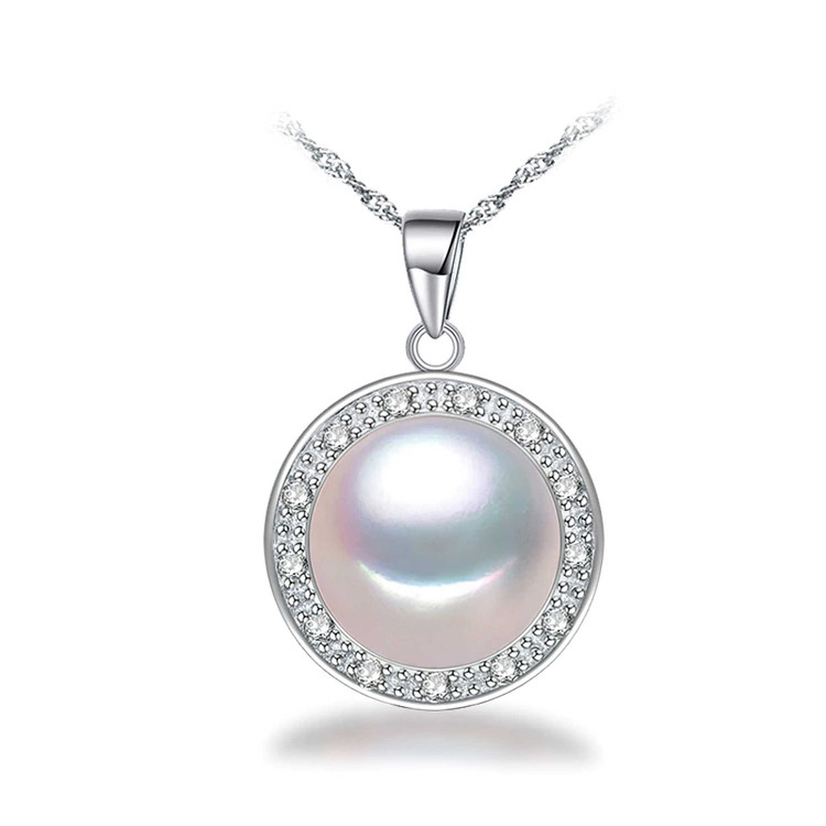 Round White Freshwater Pearl Halo Pendant Necklace in 0.925 White Sterling Silver With Chain (MDS210022)