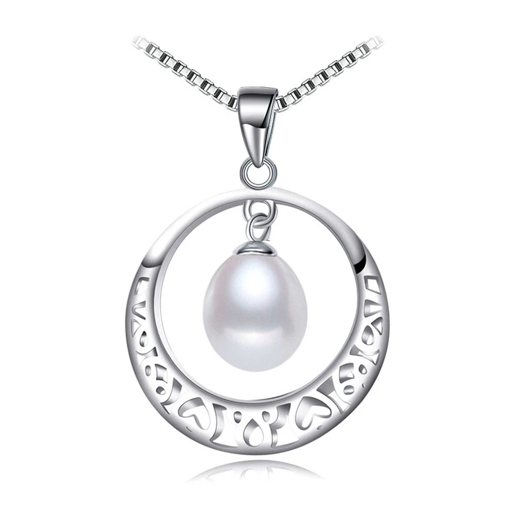 Teardrop White Freshwater Pearl Heart Decal Circle Pendant Necklace in 0.925 White Sterling Silver With Chain (MDS210024)