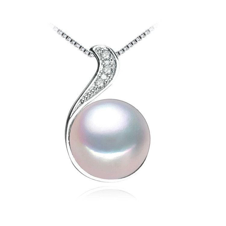Round White Freshwater Pearl Solitaire with Accents Pendant Necklace in 0.925 White Sterling Silver With Chain (MDS210026)