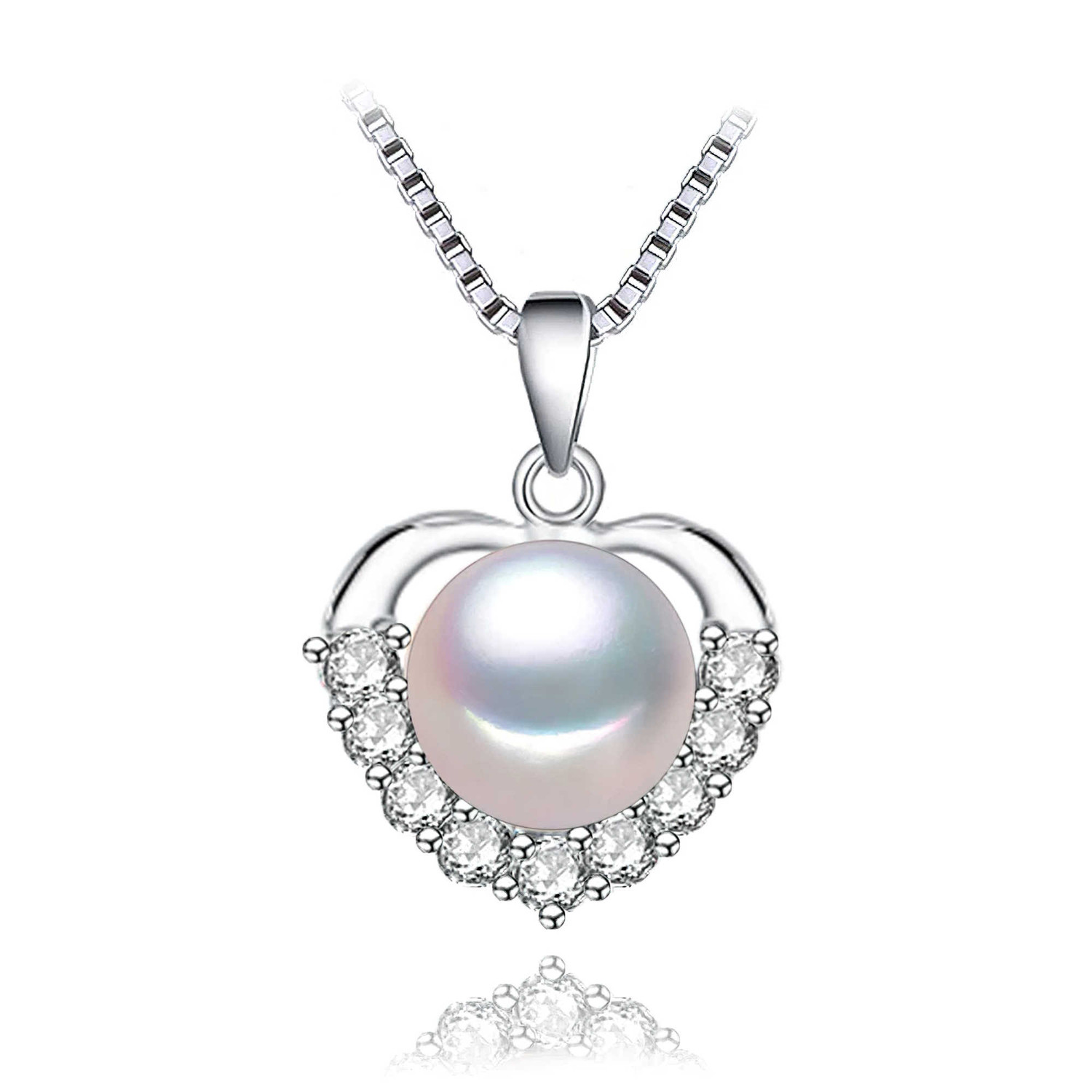 Round White Freshwater Pearl Heart Pendant Necklace in 0.925 White Sterling Silver With Chain (MDS210028)
