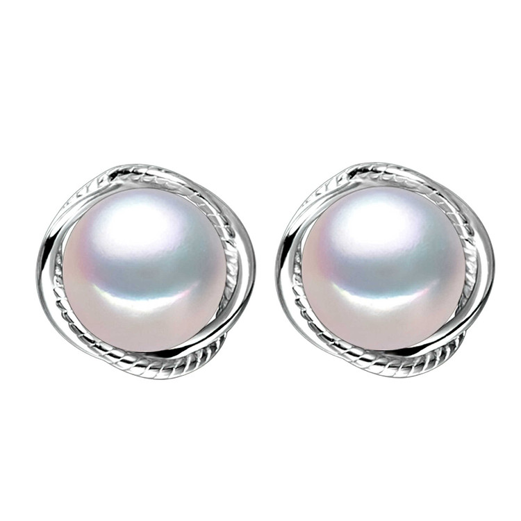 Round White Freshwater Pearl Stud Earrings in 0.925 White Sterling Silver (MDS210036)