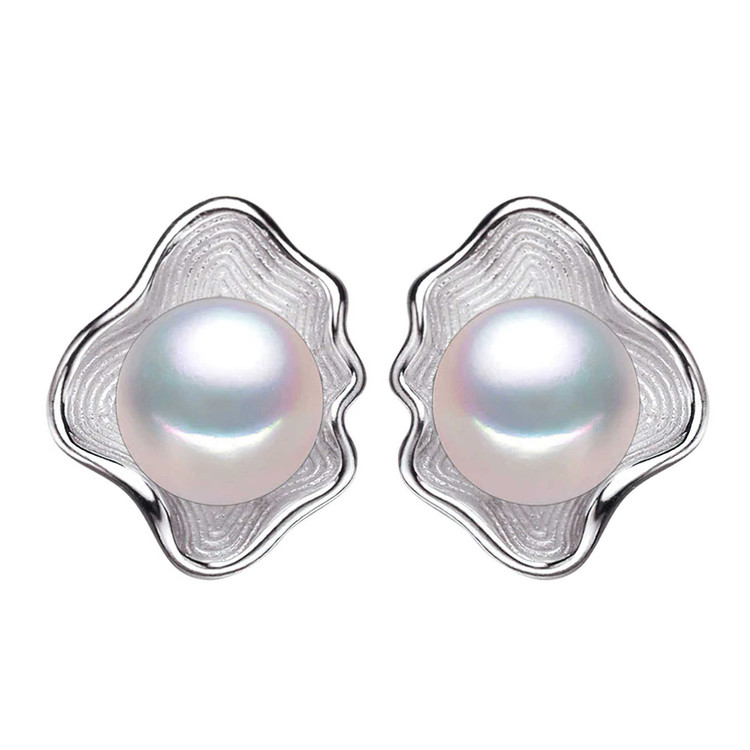 Round White Freshwater Pearl Clam Shell Stud Earrings in 0.925 White Sterling Silver (MDS210041)