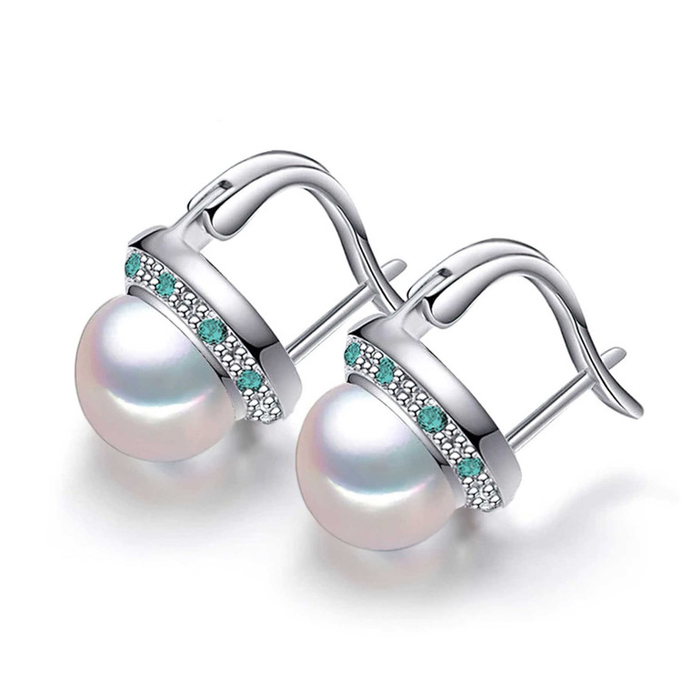 Round White Freshwater Pearl Halo Stud Earrings in 0.925 White Sterling Silver (MDS210042)