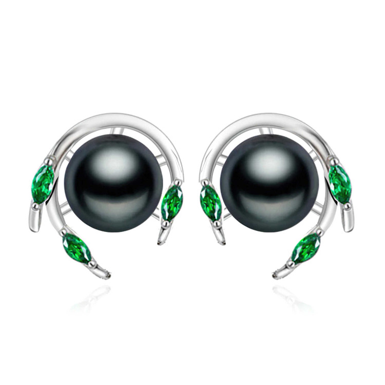 Round Black Freshwater Pearl Dream Catcher Stud Earrings in 0.925 White Sterling Silver (MDS210056)