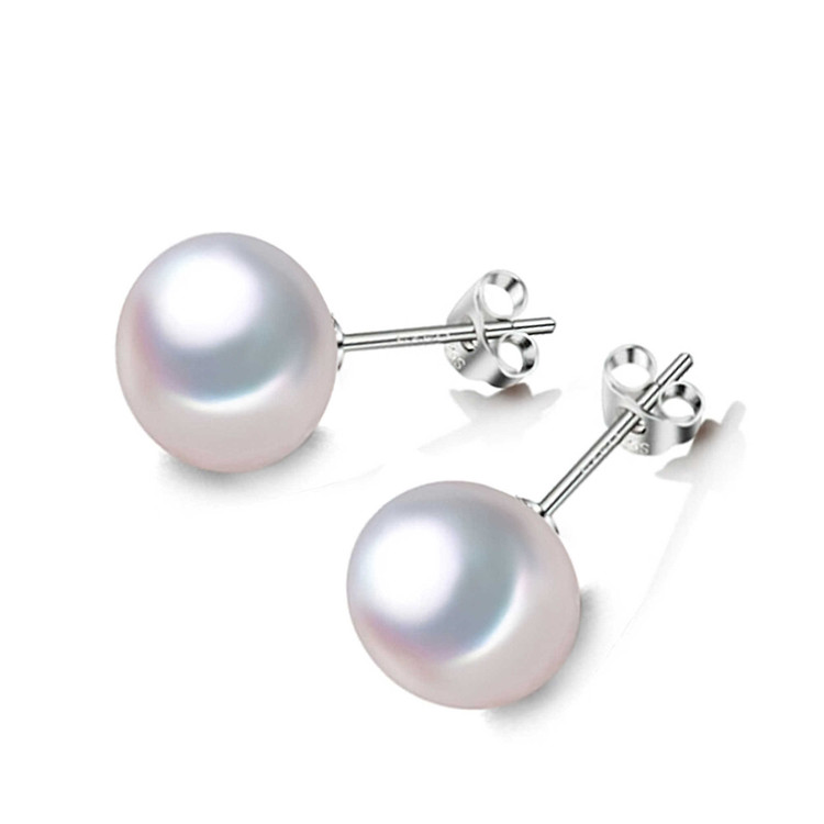 Round White Freshwater Pearl Solitaire Stud Earrings in 0.925 White Sterling Silver (MDS210057)