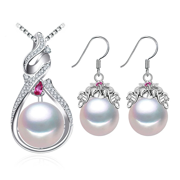 Round White Freshwater Pearl Earrings and Pendant Set in 0.925 White Sterling Silver (MDS210067)