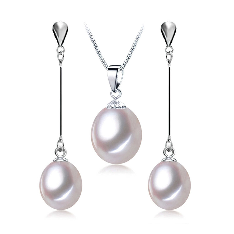 Teardrop White Freshwater Pearl Drop/Dangle Earrings and Pendant Set in 0.925 White Sterling Silver (MDS210071)