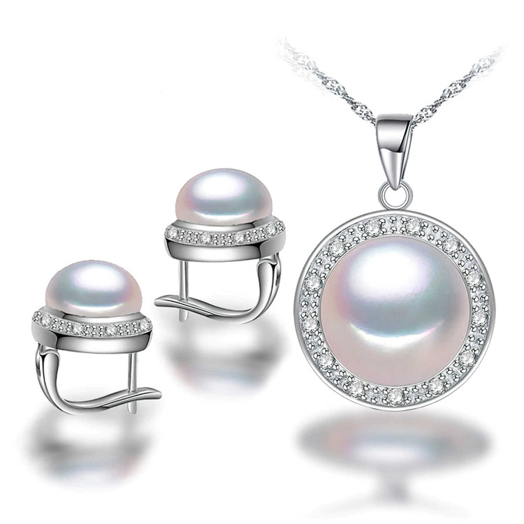 Round White Freshwater Pearl Stud Halo Earrings and Pendant Set in 0.925 White Sterling Silver (MDS210075)