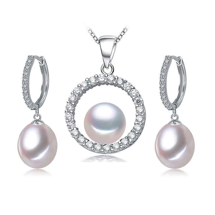 Multi White Freshwater Pearl Drop/Dangle Circle Earrings and Pendant Set in 0.925 White Sterling Silver (MDS210080)