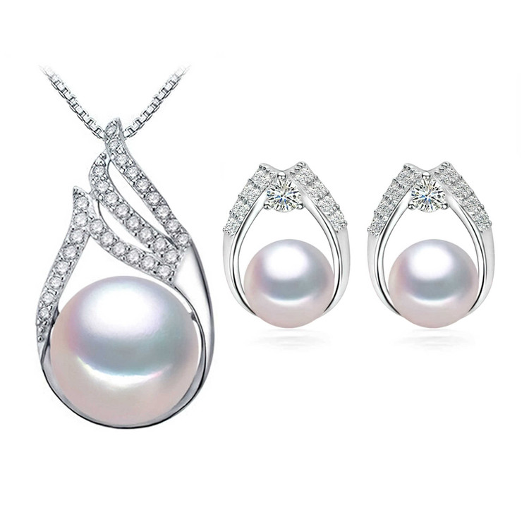 Round White Freshwater Pearl Drop/Dangle Earrings and Pendant Set in 0.925 White Sterling Silver (MDS210081)