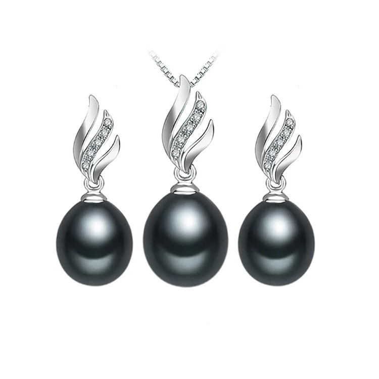 Teardrop Black Freshwater Pearl Drop/Dangle Leaf Earrings and Pendant Set in 0.925 White Sterling Silver (MDS210083)