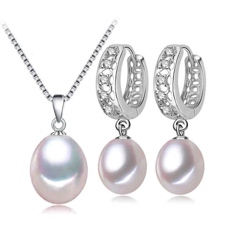 Teardrop White Freshwater Pearl Drop/Dangle Earrings and Pendant Set in 0.925 White Sterling Silver (MDS210084)