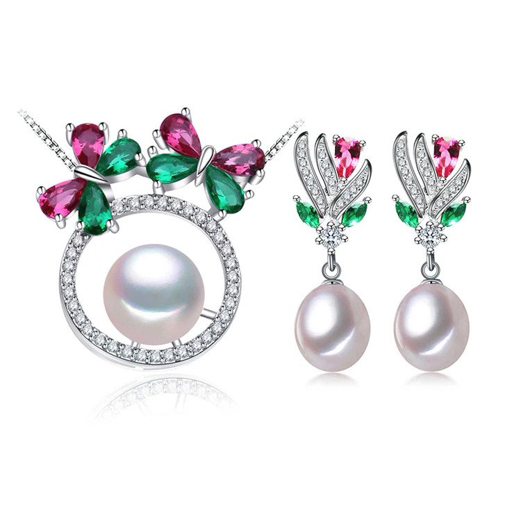 Multi White Freshwater Pearl Drop/Dangle Floral Earrings and Pendant Set in 0.925 White Sterling Silver (MDS210089)