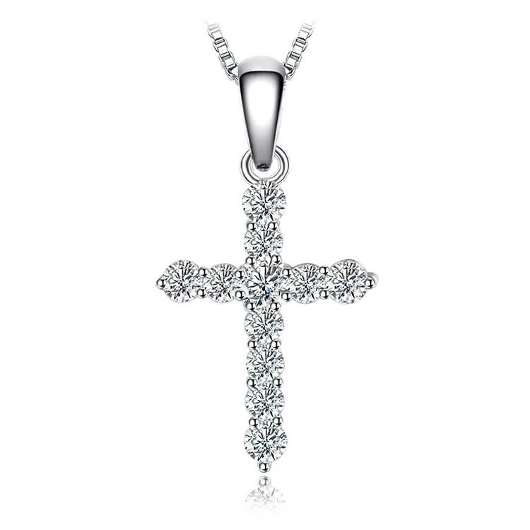 CTW Round White Cubic Zirconia Cross Symbolic Pendant Necklace in 0.925 White Sterling Silver With Chain (MDS210128)