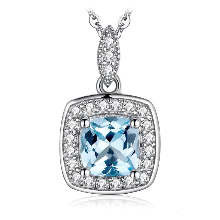 1 1/4 CTW Cushion Blue Topaz Halo Pendant Necklace in 0.925 White Sterling Silver With Chain (MDS210134)