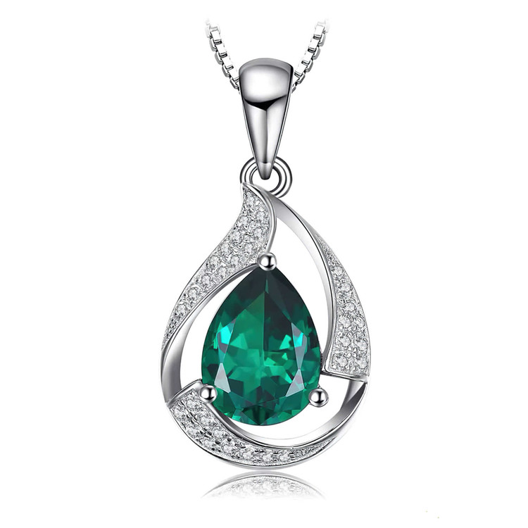 2 1/2 CTW Pear Green Nano Emerald Solitaire with Accents Pendant Necklace in 0.925 White Sterling Silver With Chain (MDS210138)