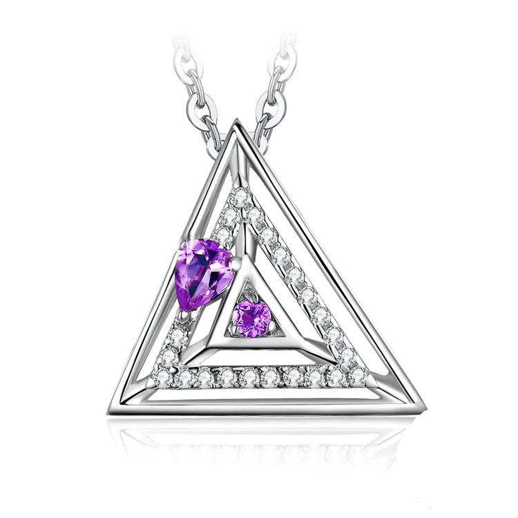 3/5 CTW Multi Purple Amethyst TrianglePendant Necklace in 0.925 White Sterling Silver With Chain (MDS210147)