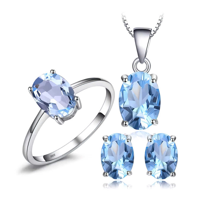 5 3/5 CTW Oval Blue Topaz Earrings, Ring and Pendant Set in 0.925 White Sterling Silver (MDS210151)