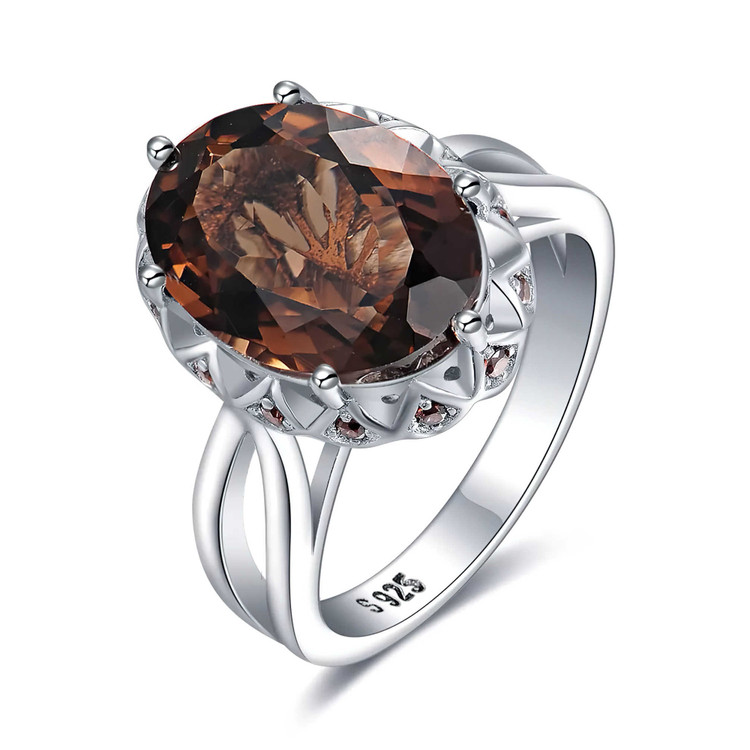5 2/3 CTW Oval Brown Quartz Cocktail Ring in 0.925 White Sterling Silver (MDS210156)