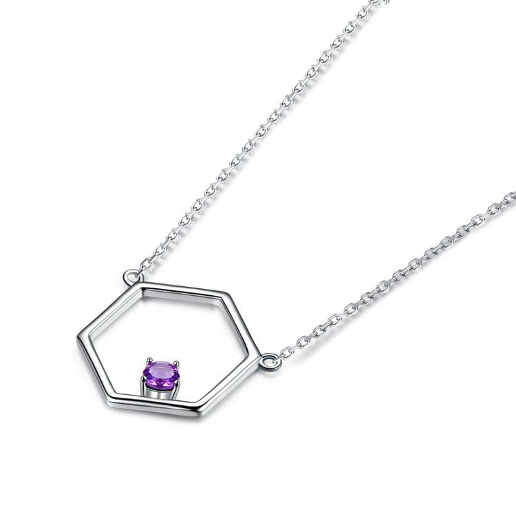 Round Purple Nano Amethyst Hexagon Necklace in 0.925 White Sterling Silver (MDS210177)