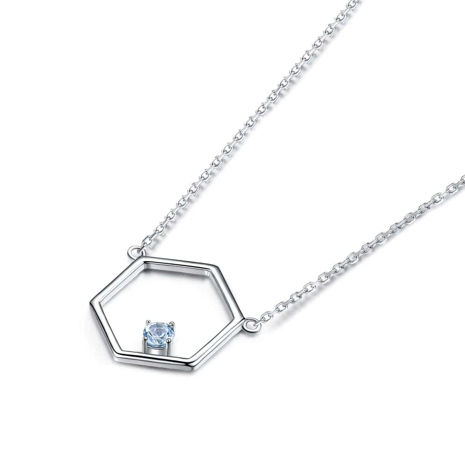 Round Blue Nano Topaz Hexagon Necklace in 0.925 White Sterling Silver (MDS210178)