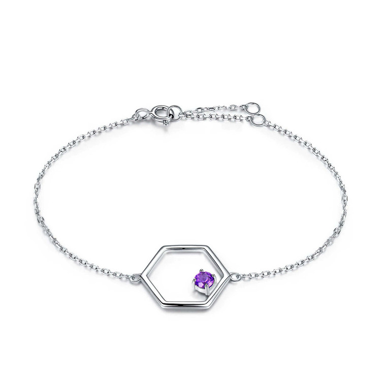 Round Purple Nano Amethyst Hexagon Link Bracelet in 0.925 White Sterling Silver (MDS210183)
