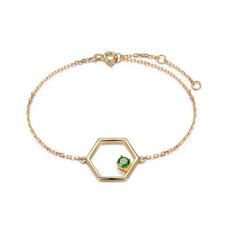 Round Green Nano Diopside Hexagon Link Bracelet in 0.925 White Sterling Silver (MDS210185)