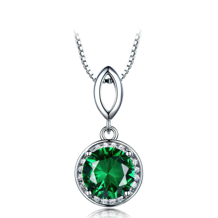 Round Green Nano Emerald Halo Pendant Necklace in 0.925 White Sterling Silver With Chain (MDS210192)