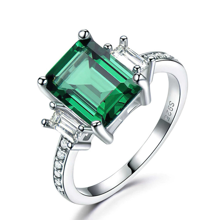 Cushion Green Nano Emerald Three-stone Cocktail Ring in 0.925 White Sterling Silver (MDS210211)