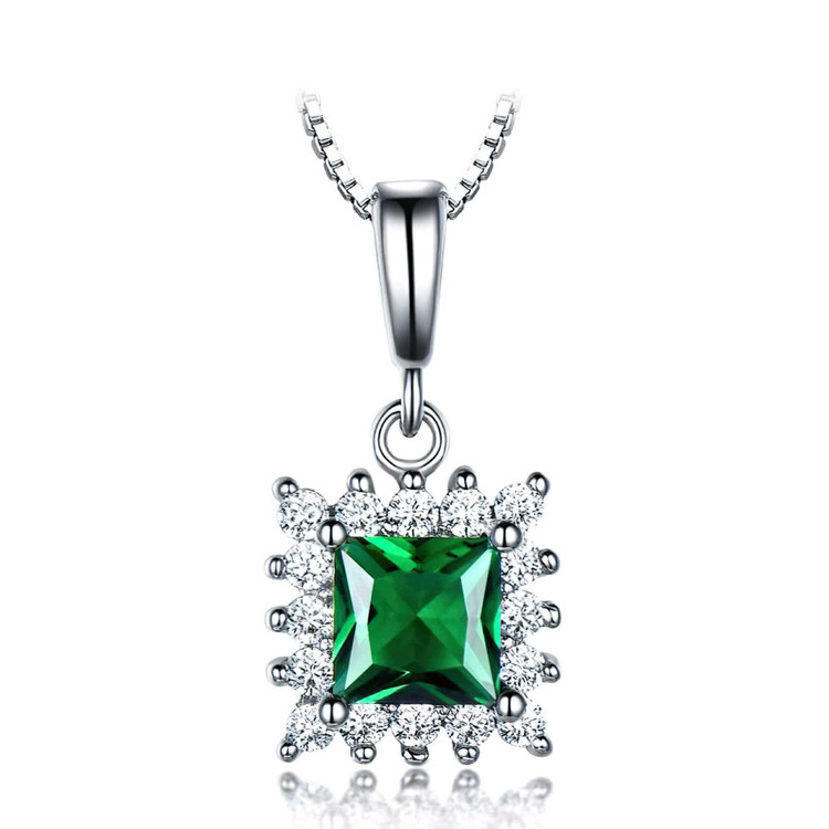 Princess Green Nano Emerald Halo Pendant Necklace in 0.925 White Sterling Silver With Chain (MDS210231)