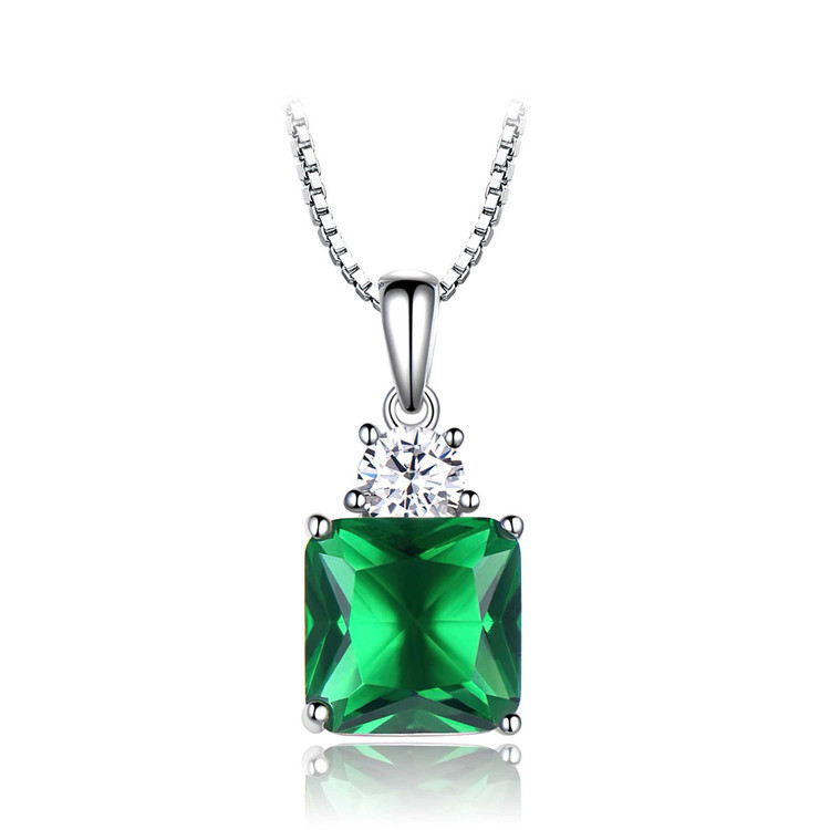 Cushion Green Nano Emerald Solitaire with Accents Pendant Necklace in 0.925 White Sterling Silver With Chain (MDS210232)