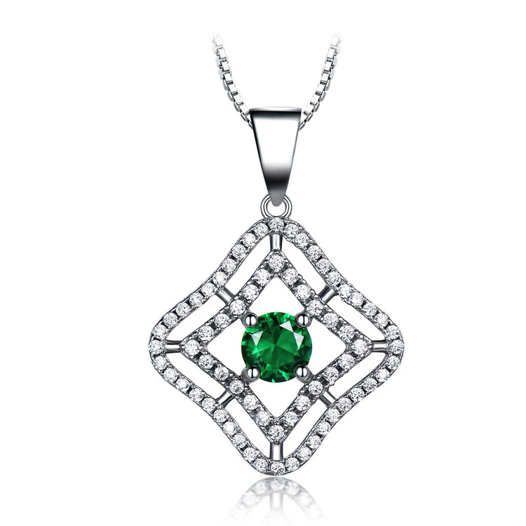 Round Green Nano Emerald Halo Pendant Necklace in 0.925 White Sterling Silver With Chain (MDS210235)