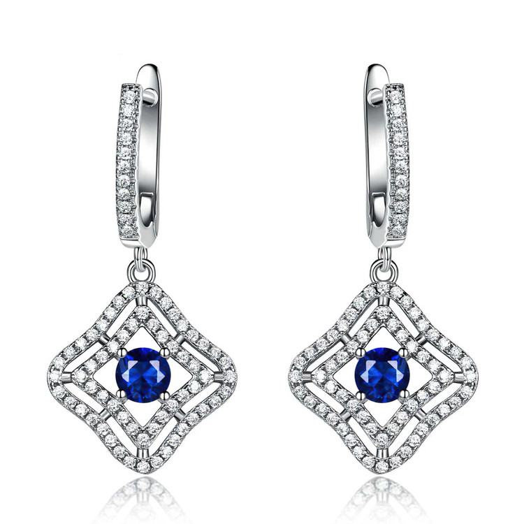 Round Blue Nano Sapphire Halo Drop/Dangle Earrings in 0.925 White Sterling Silver (MDS210273)