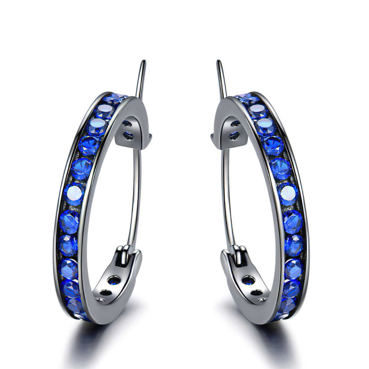 Round Blue Nano Sapphire Black Rhodium Huggie Earrings in 0.925 Black Sterling Silver (MDS210275)
