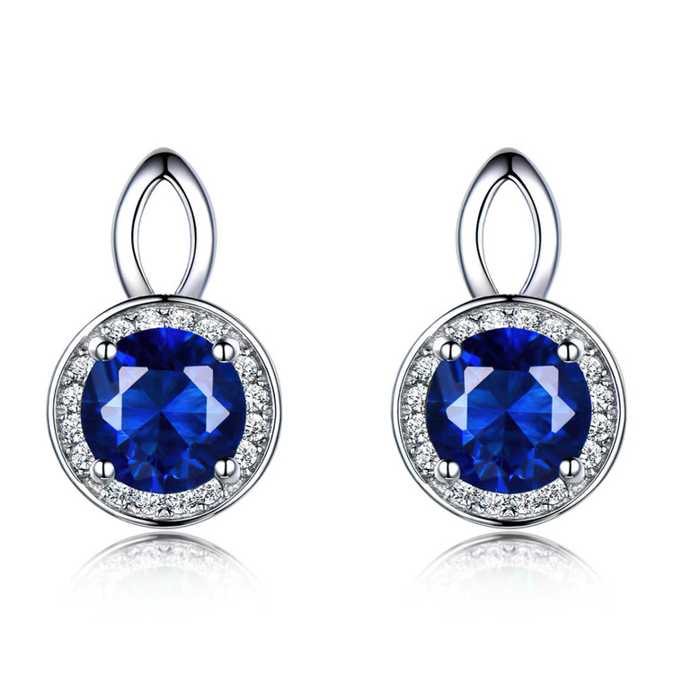 Round Blue Nano Sapphire Halo Stud Earrings in 0.925 White Sterling Silver (MDS210279)
