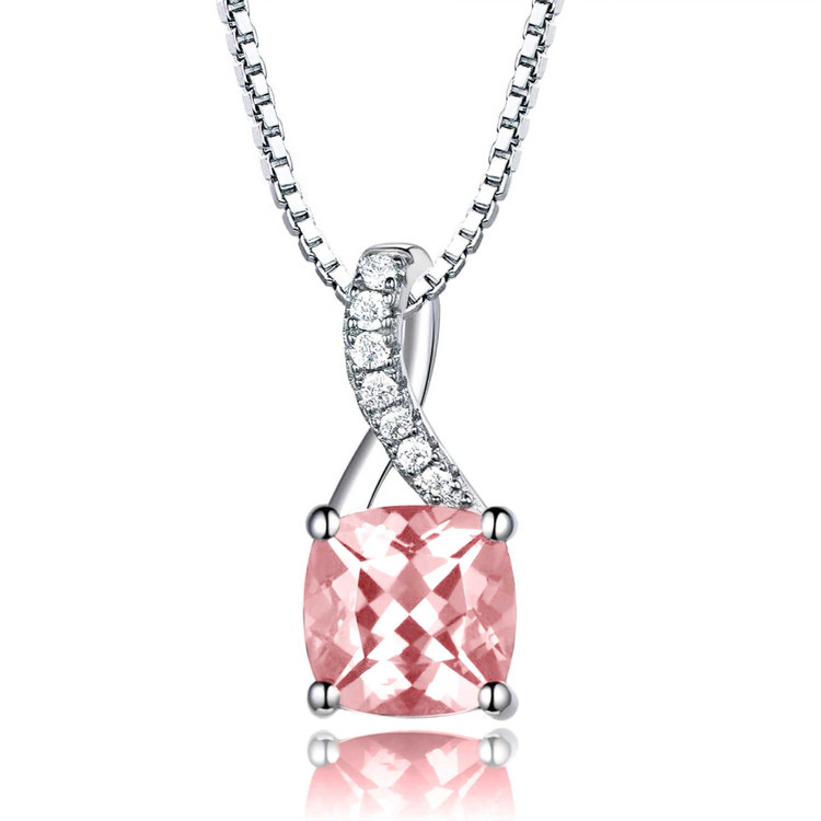 Cushion Pink Nano Morganite Solitaire with Accents Pendant Necklace in 0.925 White Sterling Silver With Chain (MDS210290)