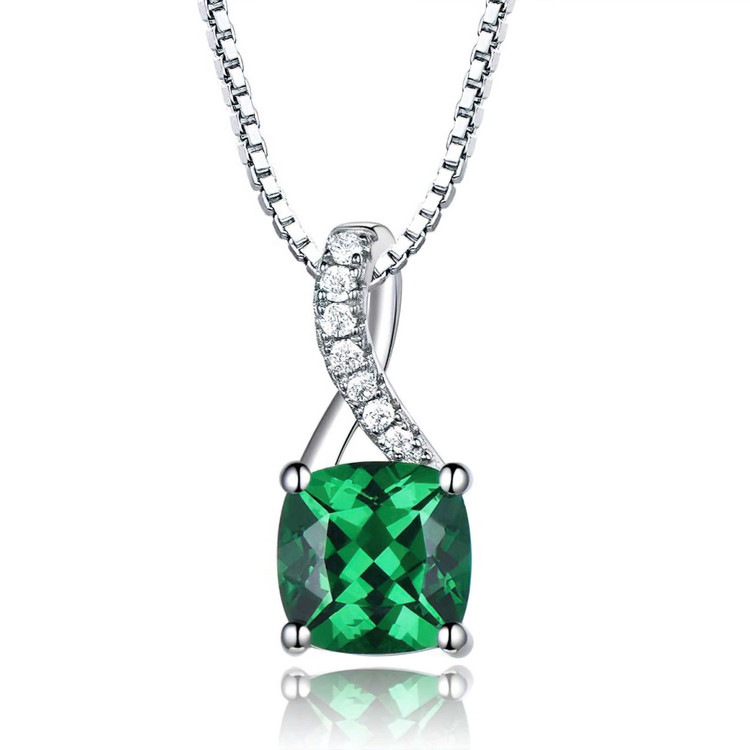 Cushion Green Nano Emerald Solitaire with Accents Pendant Necklace in 0.925 White Sterling Silver With Chain (MDS210291)