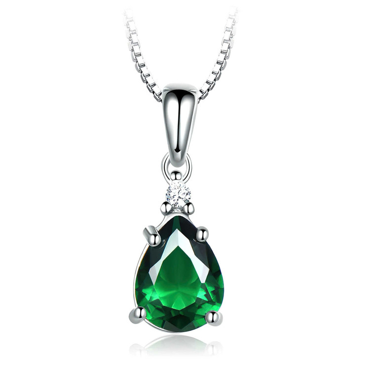 Pear Green Nano Emerald Solitaire with Accents Pendant Necklace in 0.925 White Sterling Silver With Chain (MDS210293)