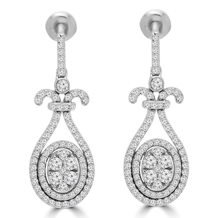 2/3 CTW Round Diamond Halo Oval Cluster Drop/Dangle Earrings in 14K White Gold (MDR190004)