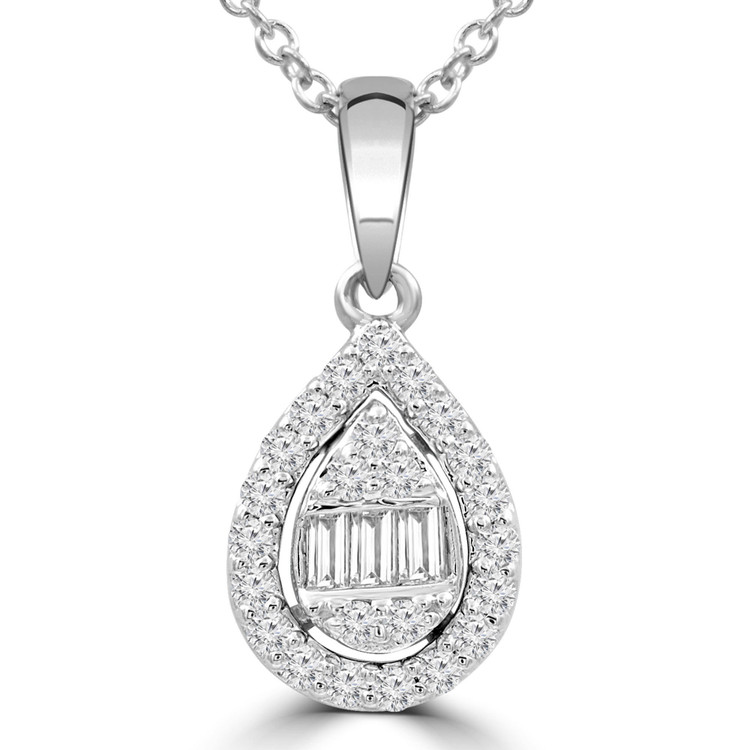 1/4 CTW Baguette Diamond Pear Halo Pendant Necklace in 14K White Gold (MDR210045)