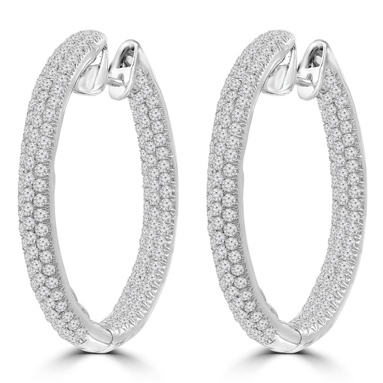3 1/8 CTW Round Diamond Three-row Oval 1 to 1 1/4 inch Inside Outside Hoop Earrings in 14K White Gold (MDR210067)