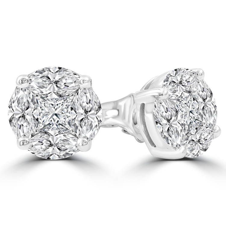 1 1/2 CTW Princess Diamond Marquise Diamond Cluster Stud Earrings in 14K White Gold (MDR210068)