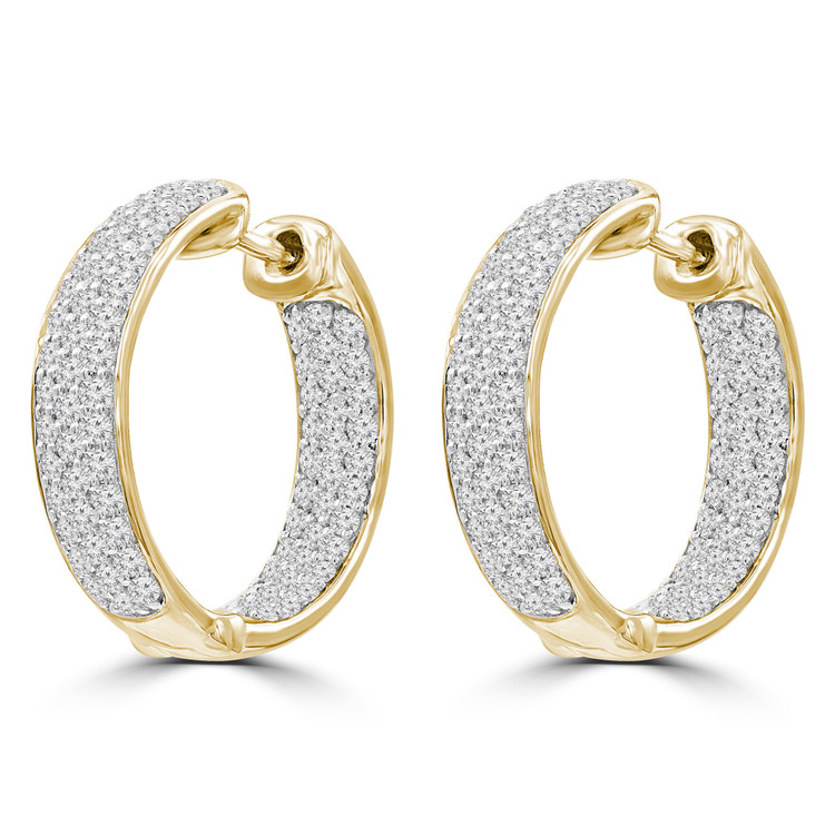 1 1/10 CTW Round Diamond 2/3 inch Three-row Inside Outside Hoop Earrings in 14K Yellow Gold (MDR210086)