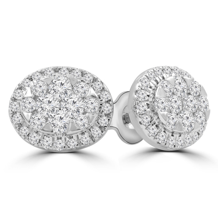 4/5 CTW Round Diamond Cluster Oval Halo  Stud Earrings in 14K White Gold (MDR210097)