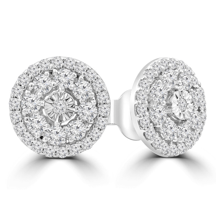 3/4 CTW Round Diamond Cluster Double Halo Stud Earrings in 14K White Gold (MDR210100)