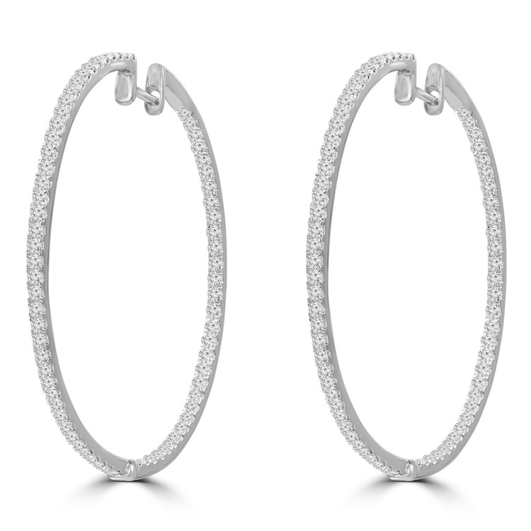 1 1/3 CTW Round Diamond 1 1/2 inch Inside Outside Hoop Earrings in 14K White Gold (MDR210103)