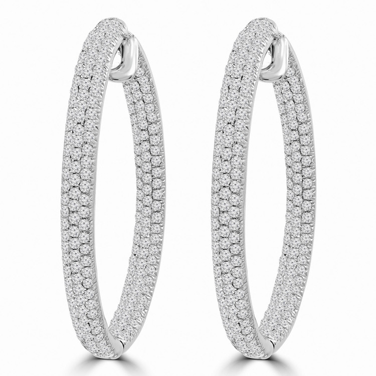 4 1/6 CTW Round Diamond Three-row 1 1/5 to 1 2/3 inch Inside Outside Hoop Earrings in 14K White Gold (MDR210105)