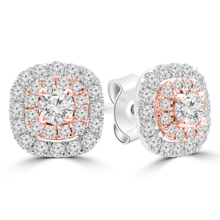 5/8 CTW Round Diamond White and Rose Gold Cluster Double Halo Stud Earrings in 14K Two-Tone Gold (MDR210107)